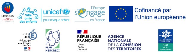 Logo de la ville de Limoges, ville amie des enfants, logo de l'Europe, logo de l'académie de Limoges, plan mercredi, logo de l'agence nationale de la cohésion des territoires, logo de la caisse d’allocations familiales de la Haute-Vienne